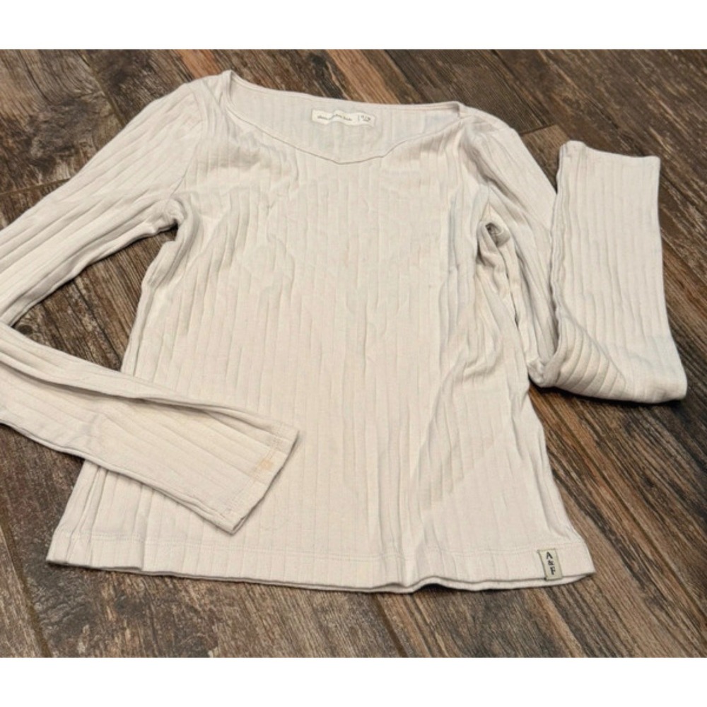 Abercrombie Kids Ribbed Long Sleeve V-Neck Top Cream Off-White Size 11